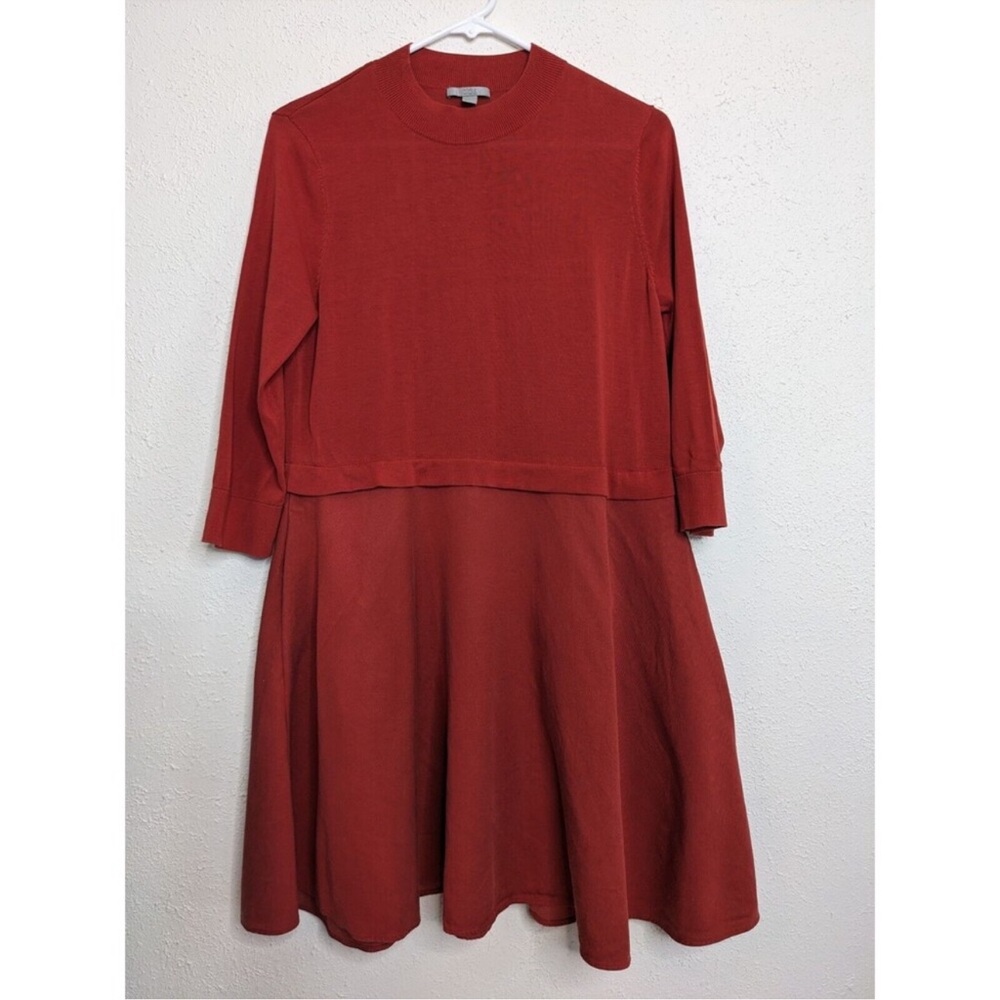 Cos Linen Cotton Fit & Flare Dress Orange 3/4 Sleeve Fall Knee Length Turtleneck